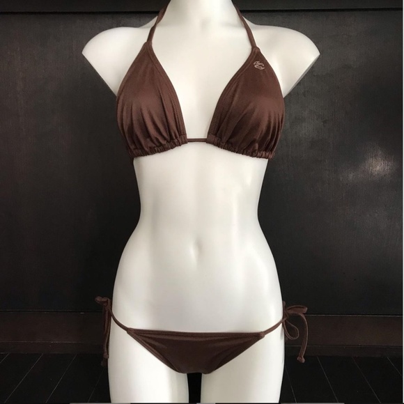 Billabong BLUE CRUSH era Vintage bikini solid brown D cup Small bottom set RARE - Picture 2 of 9